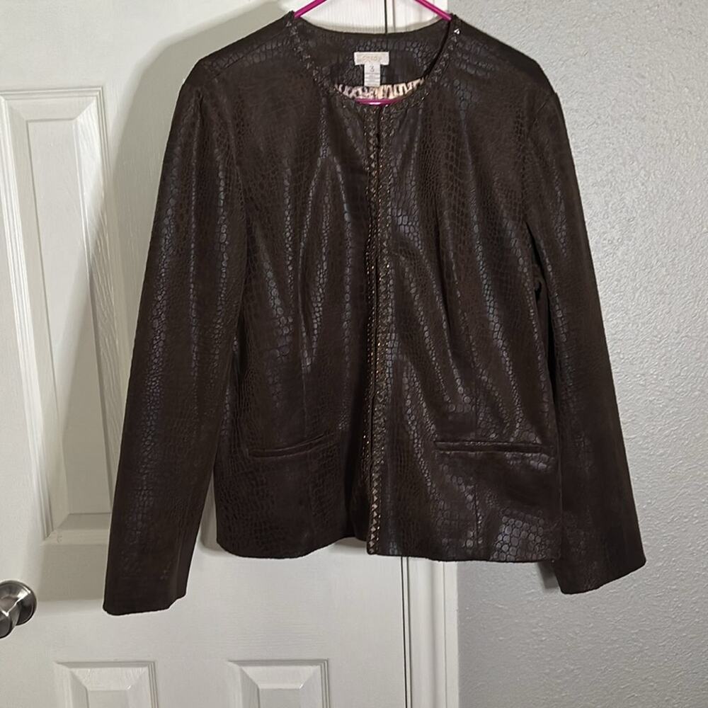 Chico's Womens Jacket Brown Crocodile Embossed Hook & Eye‎ animal print Size 3